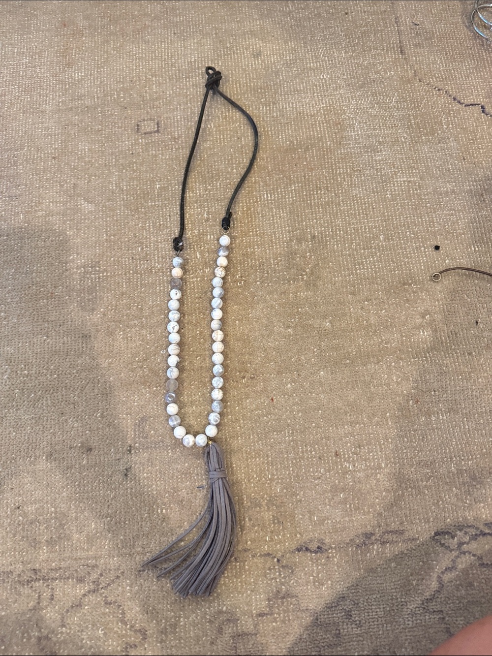 Beaded Tassel Necklace in Gray and White